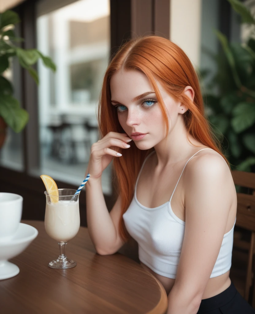 , dutch girl, beautiful, sitting at a table, at a ((cafe)), BREAK too small plain low cut white crop top, slacks, BREAK small breasts, makeup, long ginger hair, pale skin, fair skin, white skin, BREAK, no bra, pokies, having a drink, looking down at her breasts.. horny, growing breasts