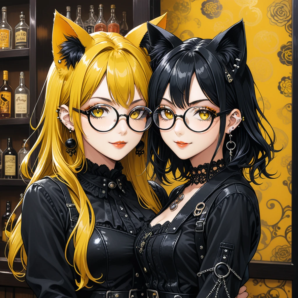 (in style of Takeshi Obata:0.9),(in style of Jillian Tamaki:0.9),
bar background,1 girl,gothic style,bonklers, close-up,(:d:1.4),(arm_around_waist:1.3), portrait, gothic girl with heavy makeup, (ear piercing:1.5), long with yellow and black highlights hair，wear glasses，black and yellow hair,  ((((giant glasses, otaku glasses, round glasses)))), A pair of cat ears on the head