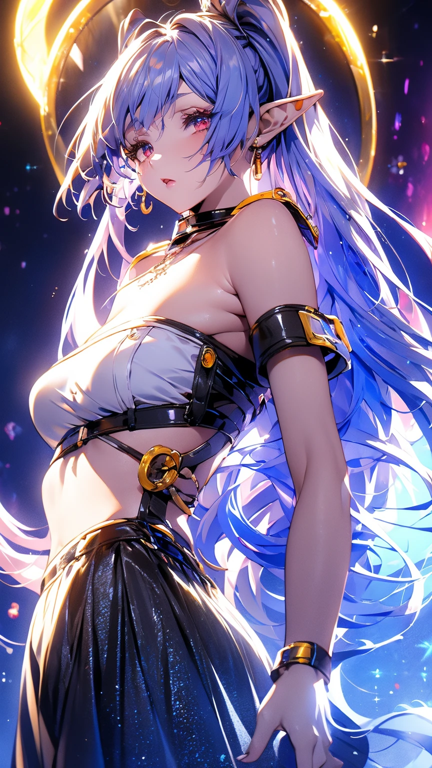 1 person, 20-year-old girl, One person, (Silver Hair), Long pointed ears、Elf、(Gradient sky blue hair tip:1.6), hair, Ridiculously long hair, Single Side Lock, Wavy Hair, Shine髪, Floating Hair, (Fantastic deep purple eyes), Delicate eyes, Aqua Eye, Very fine eye, Long upper eyelashes, ((Glowing Eyes)), compensate, Focus on the face, Highly detailed facial, Pretty face, Perfect breasts, Hot body, (Delicate skin texture:1.2), break, White extra long skirt, Fashion Clothing, necklace, Technical clothing masterpiece, on the road, Gazing at the starry sky, meteor, cyber punk, Detailed Background, The perfect layered cut, clean focus, (magazine:1.3), (Cover Style:1.3), Octane Rendering, Tyndall effect, Real, Dark studio, Side light, 2-color illumination, realism, Chiaroscuro, (Shine光), Shine, Ray Tracing, Cinema Lighting, Futurism, Motion Blur, Atmospheric perspective, Depth of written boundary, Bokeh, Highest quality, 超High resolution, Super Detail, masterpiece, High resolution, Accurate, retina, Anatomically correct
