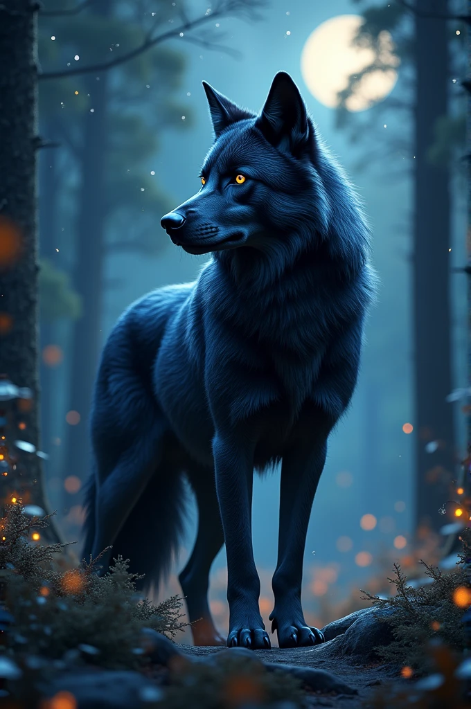 A large black wolf with beautiful fur in a glowing forest at night, moonlight illuminating the scene, stars twinkling in the sky, detailed and realistic, serene and magical atmosphere, high quality, 4k resolution