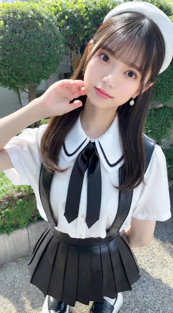 Mix 4, (8k, RAW Photos, Best image quality, masterpiece: 1.45), (Realistic, Photorealistic: 1.37), One Girl, cute, Cityscape,, Professional Lighting, Photon Mapping, Radio City, Physically Based Rendering, Gradient black hair,, Handsome, and, (((school uniform、Short sleeve white silk blouse、Dark blue knit vest、White Satin Mini Skirt、Red tie no pattern、Black knee-high socks、Black loafer leather shoes))), Highest quality photos, High resolution, 1080P, (Clear Face), (Detailed face description), (Detailed hand description), (masterpiece), (Exquisite CGI)、極端な光and影、Disheveled Hair、masterpiece、Rich details、(Beautiful Faces)、(Highest quality photos)、(Masseter muscle area)、(Detailed eyes)、Look in front of you、Thin clavicle、((Slim and large))、((White Beret)))、((cuteアイドルシステム))、((Schoolyard))、(Random perspective shots)、(((andにかくcute)))、Earrings、Big smile、Drawing the whole body from the knees、No nasolabial folds、(((holding leather student bag)))、Large breasts that are visible even through clothing、Two legs、(((Standing pose)))、bare hands、I put my hands out of the sleeves of my blouse.、