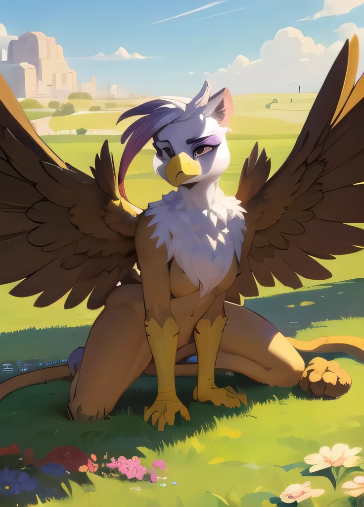 ((masterpiece, Best Quality)),sunny, Meadow, vivid color,  the second, bird, arms, Alas en la espalda,Brown fur on the body and white plumage on the head and 3 feathers with purple tips on the forehead and lion-like tail on the wing, Alas, beak, Bill, female, furry, Colorful clothes, flying,, nude 