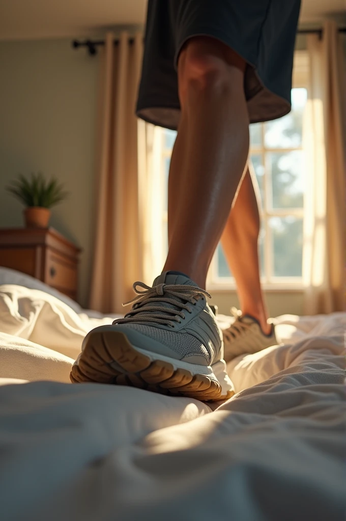 The character gets out of bed with determination, putting on running shoes]