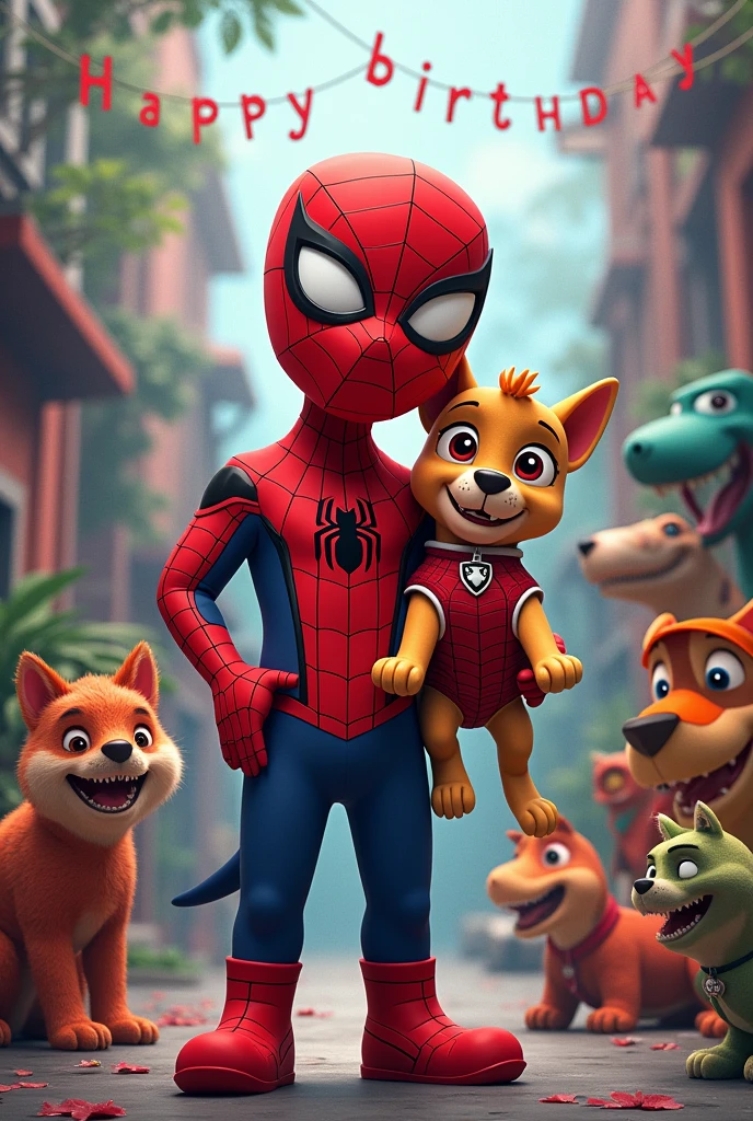 Birthday panel with Spider-Man with the Paw Patrol dog on his arm wearing Spider-Man clothes and dinosaurs