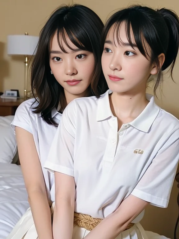 (Masterpiece, Best quality:1.3), (Ultra realistic:1.2), Natural light, 28 years old actress, Japanese women, Neat and clean, (White tennis uniform, White short-sleeve polo shirt with darknavy line collar:1.1), (unbutton:1.3), (White pleated skirt:1.1), white sock, (ponytail:1.3), short wavy hair, (Beautiful face), Oval face, clear, Beautiful eyes, Kind eyes, Clear skin, Small face, Beautiful mouth, Small mouth, Natural makeup, Approachable, (nsfw:1.1), Seductive, (Seductive pose:1.2), (Beautiful thighs:1.1), (Bedroom eyes:1.1), Embarrassed, Blush, Luxury hotel Suite room, On bed, Hidden camera installed in suite room captures obscene reality of girls high school, lesbian couple , girls petting together Pussy, grabbing crotch together, girls erotic hag, arms behind back, shibari, Bedroom eyes,