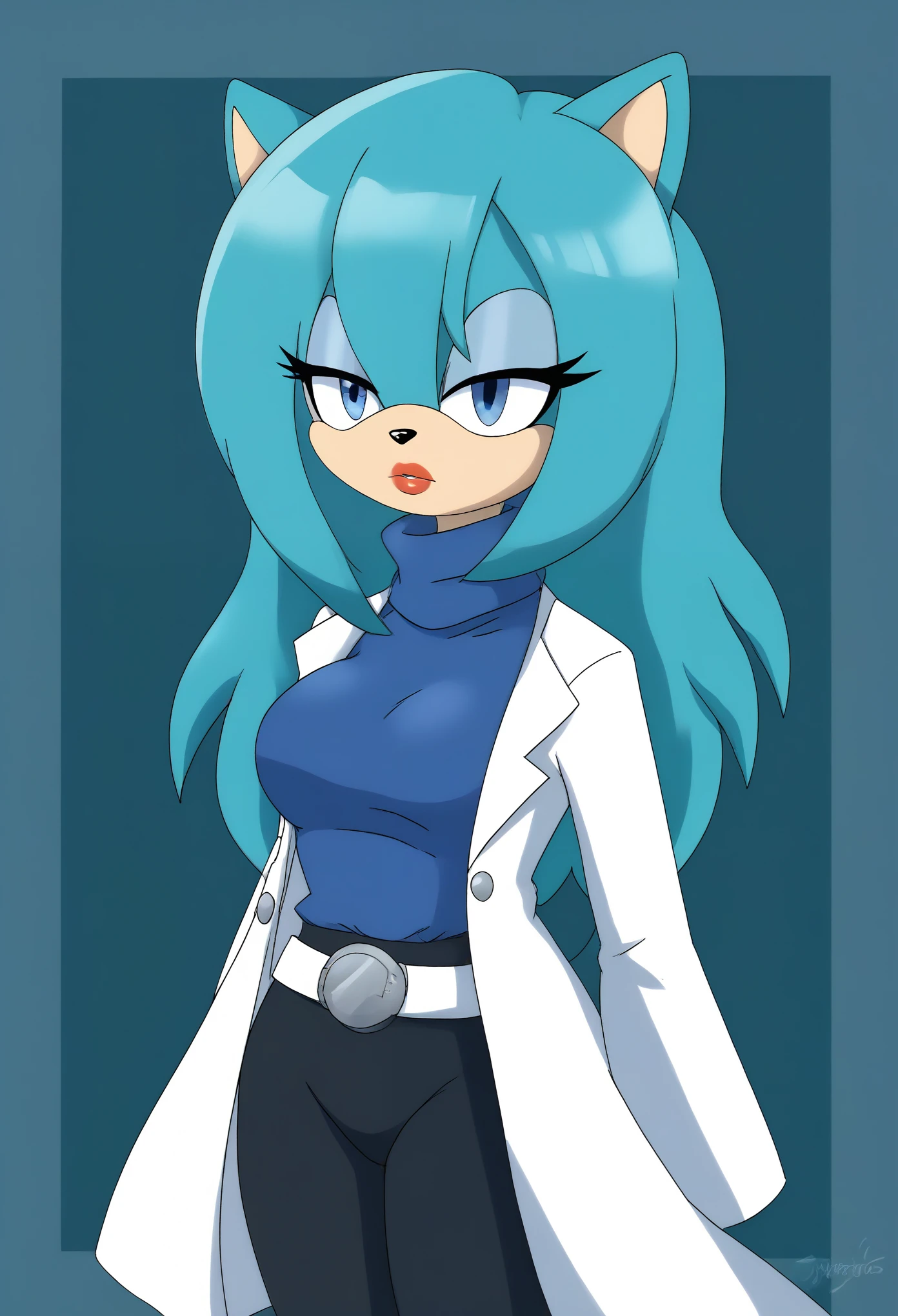 (1girl), (solo), Female Hedgehog, Bulma Briefs hairstyle, aqua fur, aqua hair, long hair, fringe_trim styled hair bangs, blue eyes, medium bust, white lab coat, open lab coat, blue tube top, black yoga pants, white belt, makeup, lipstick, eyelashes, expressionless, outdoors, daytime, mobian, mobius city
