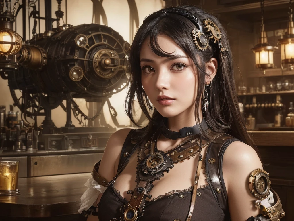 beste-Qualit、巨作、ultra-high-resolution、(photo- realistic:1.4)、Raw photo、1人、Black hair、glowy skin、Cyberpunk Girl、((hyper realistic detail))、portlate、Global Illumination、Shadow、octan render、in 8K、ultrasharp、巨乳、Raw skin is exposed in cleavage、metals、Details of complex ornaments、Indian Hindu Detail、Luminous tube、Analog Meter、cog、gear、Golden hydraulic cylinder、extremely intricate detail、Realistic light、CGSoation Trends、purple-eyed、radiant eyes、Facing the camera、neon details、Mechanical limbs、blood vessels connected to tubes、Mechanical vertebrae attached to the back、mechanical cervical attaching to neck、sitting on、Wires and cables connecting to the head、Small LED lamp、
