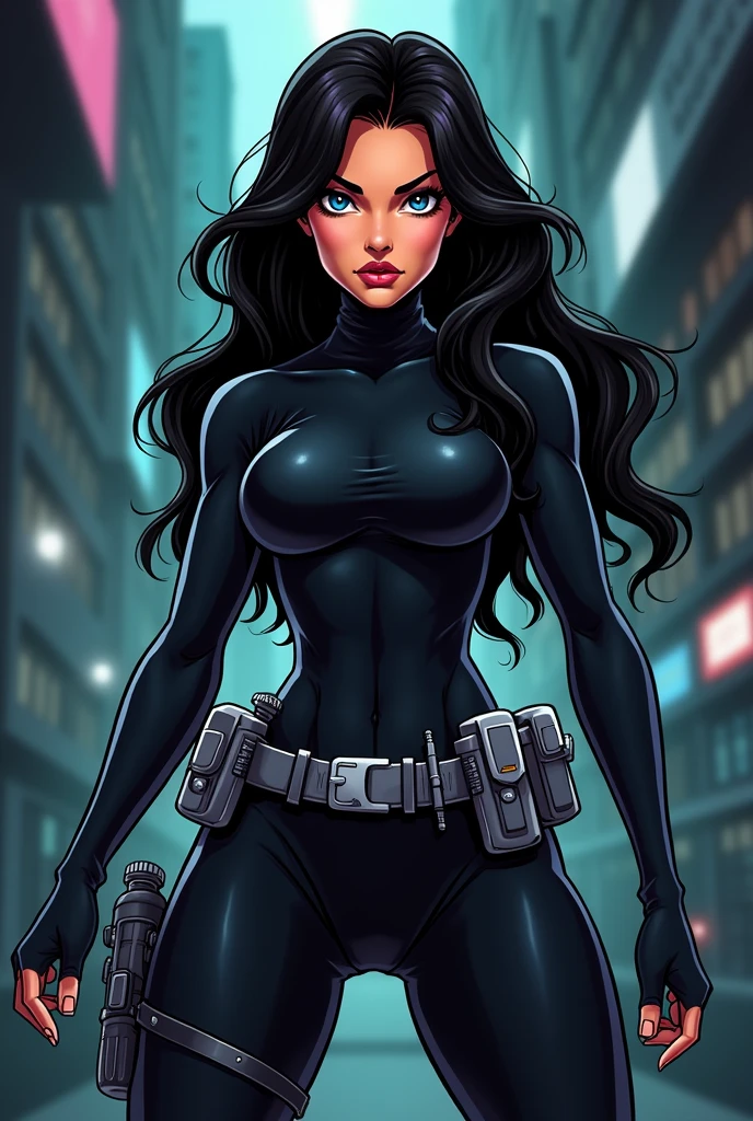 Selena Quintanilla as a spy without limits cartoon with a black zentai and silver belt