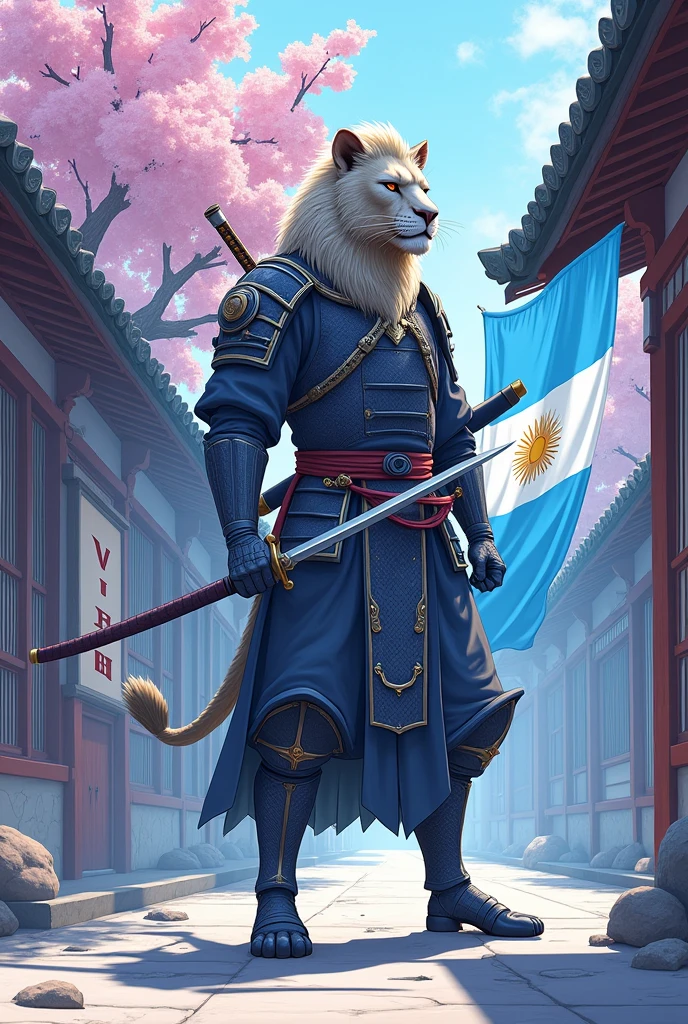 Samurai Lion in an Japanese dojo, modern art, hand-drawn, gray, blue and white colors, Lion warrior, traditional Japanese architecture, cherry blossom tree in bloom, intricate samurai armor, katana sword, focused expression, dynamic pose, detailed linework, soft pastel shades of blue, and lavender, artistic interpretation, ArtStation. Whit the big argentina flag and with a big sign that says ViP