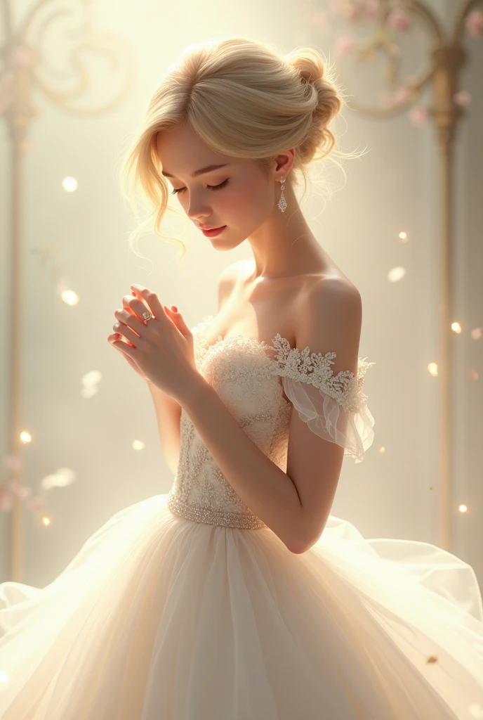 Beautiful girl with blonde short hair, wedding dress, white skin, use in fingger ring wedding