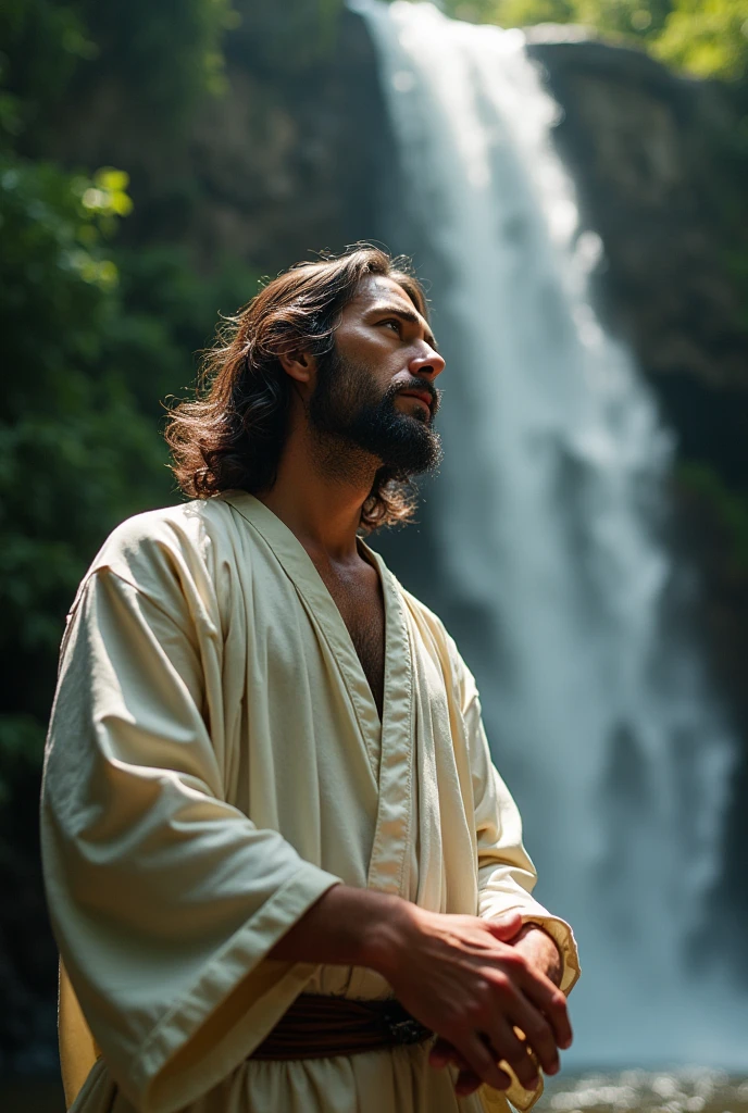 Viewed diagonally from above. A Japanese man practicing waterfall training with Jesus Christ. They each have their hands together, their faces wise and serious. Their faces convey deep wisdom and empathy, exuding warmth and understanding.  Jesus of Nazareth is depicted as a gentle, gentle man with shoulder-length hair. His wavy brown hair flows over his shoulders. The Japanese man's face shows deep wisdom and empathy, and he is depicted as a kind-hearted Japanese man with a Buddha-like shaved head and a calm and cheerful expression. they are shining. Surrounded by rainbow-colored light. Japan's great nature. big waterfall. plant. Photography, close-up, highly detailed, trending at the art station, sharp focus, studio shot, intricate details, Greg Rutkowski,