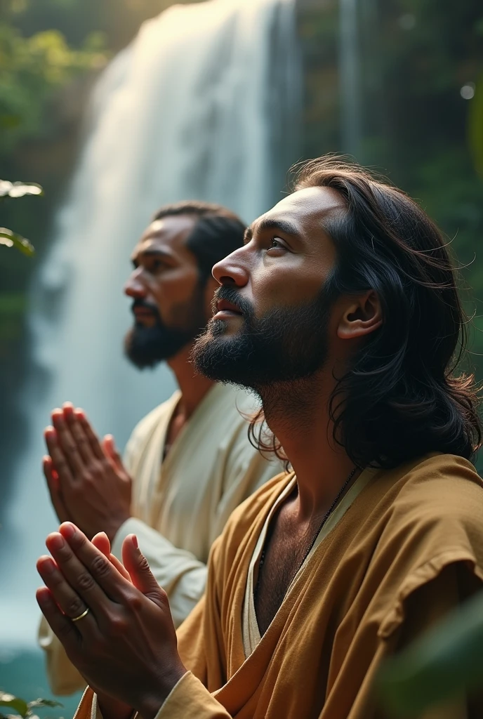 Viewed diagonally from above. A Japanese man practicing waterfall training with Jesus Christ. They each have their hands together, their faces wise and serious. Their faces convey deep wisdom and empathy, exuding warmth and understanding.  Jesus of Nazareth is depicted as a gentle, gentle man with shoulder-length hair. His wavy brown hair flows over his shoulders. The Japanese man's face shows deep wisdom and empathy, and he is depicted as a kind-hearted Japanese man with a Buddha-like shaved head and a calm and cheerful expression. they are shining. Surrounded by rainbow-colored light. Japan's great nature. big waterfall. plant. Photography, close-up, highly detailed, trending at the art station, sharp focus, studio shot, intricate details, Greg Rutkowski,