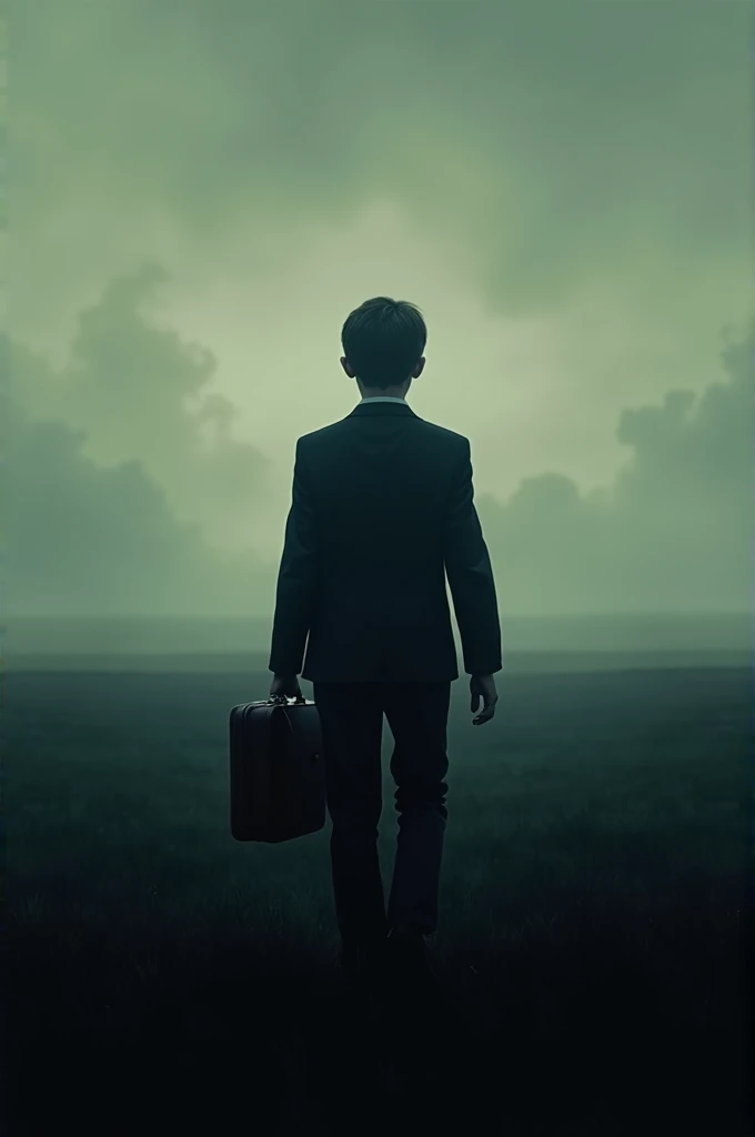 Cover of a movie, with the silhouette of a ager in a suit and his briefcase, the background should be of a field with a dark tone