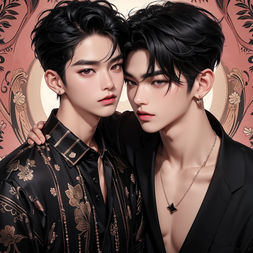 (Casal gay de manhwa:1.3), 2 garotos, (um de cabelos ruivos:1.2) e (o outro de cabelo preto:1.2)
