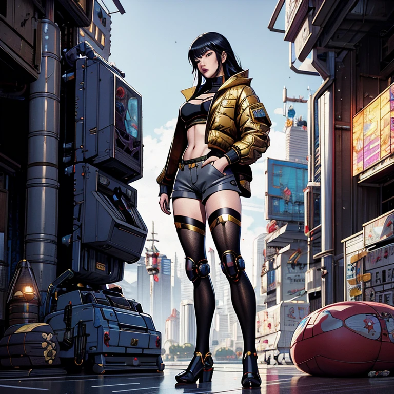 Boutique,best qualityer,gold jewelry,(slip your feet),Fairy skin,(Fidelity :1.2),standing,super verbose,realisitic,high qualiy,Film light,ray tracing,ultra HD,trunk, Girl in shorts and jacket next to a giant robot, Guweiz style art, CyberPunk Mechanism, trends in CGSTATION, Guweiz, Russel Dongjun Lu, cyberpunk anime digital art, ross tran 8k, Guweiz na ArtStation Pixiv, Girl in mecha net armor