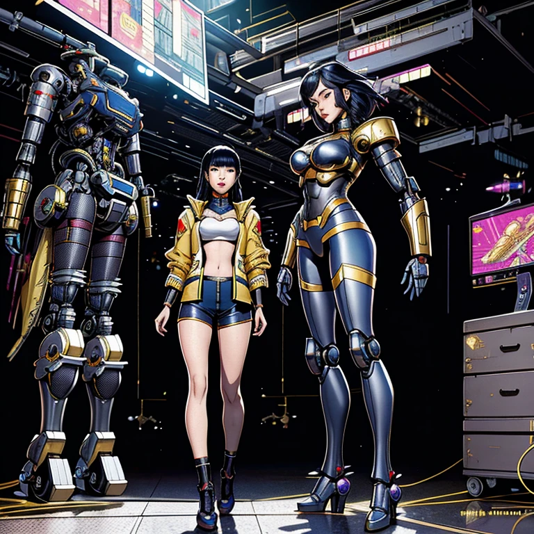 Boutique,best qualityer,gold jewelry,(slip your feet),Fairy skin,(Fidelity :1.2),standing,super verbose,realisitic,high qualiy,Film light,ray tracing,ultra HD,trunk, Girl in shorts and jacket next to a giant robot, Guweiz style art, CyberPunk Mechanism, trends in CGSTATION, Guweiz, Russel Dongjun Lu, cyberpunk anime digital art, ross tran 8k, Guweiz na ArtStation Pixiv, Girl in mecha net armor