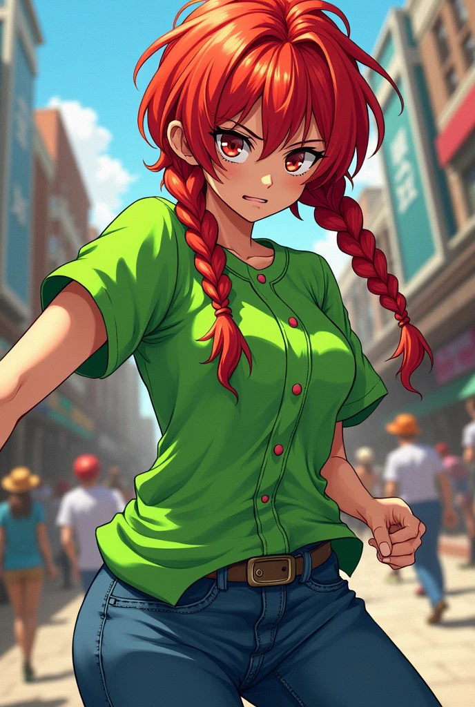 Red hair with braids,bright green baseball shirt,strong denim pants,anime