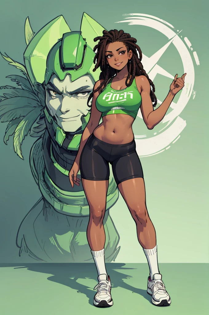 green solid background, 1 woman, best quality, ultra high res, full lips, long dreads, Anime brown eyes, Ethiopian girl, dark skin, bike shorts, sneakers, white socks, toned tummy, black top, smirk at viewers, b cup breasts, standing, full body