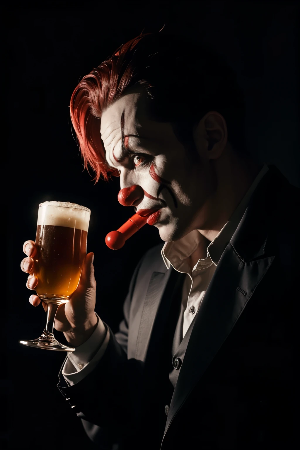 The image shows a man dressed as a clown, captured from the waist up, with a completely dark background that enhances the eerie atmosphere. Professional lighting is focused on his face, highlighting every detail of the scary clown makeup, including a sinister look. The clown is in profile, with his head slightly turned to the side, as he brings a glass beer bottle to his mouth, tilting it upwards as he drinks. The dramatic lighting creates deep shadows around his eyes and mouth, intensifying the disturbing and mysterious atmosphere of the scene.