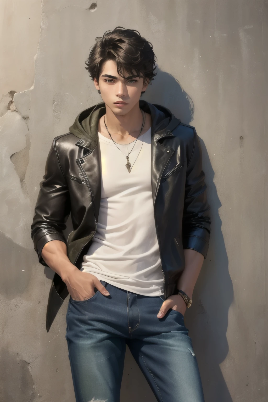 Solo, latino boy of 19 years old, tan skin, toned, lean, black hair, french crop hair, green eyes, indoors, standing, arms crossed, front view, leaning his back against a wall, serious, black leather jacket, an olive-green hoodie layered over a white shirt, distressed black jeans, and tan work boots.