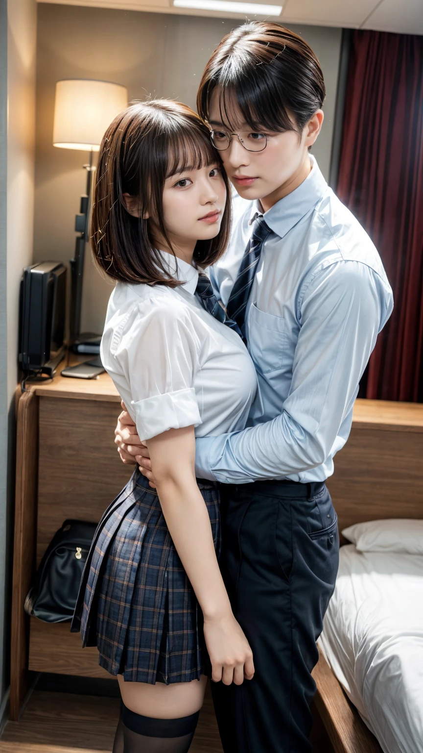 1 young office lady being hugged from back by 1 man:1.2,close to each other:1.1), (man's hand touching her breast:1.1),very cute face,bob cut,white school shirt, tie black, black thigh-high stockings,embarrassed,hotel room,perfect anatomy, masterpiece, best quality,8k,perfect face,from front,upper body