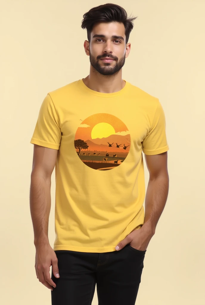 Light yellow t-shirt with simple sunset and land animals design