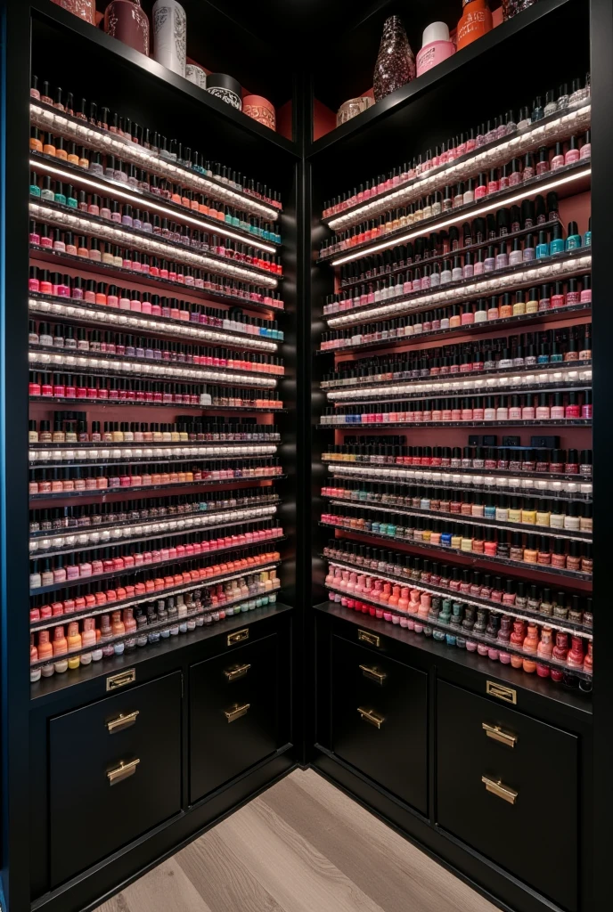 Wall of nail polishes in small black beauty salon