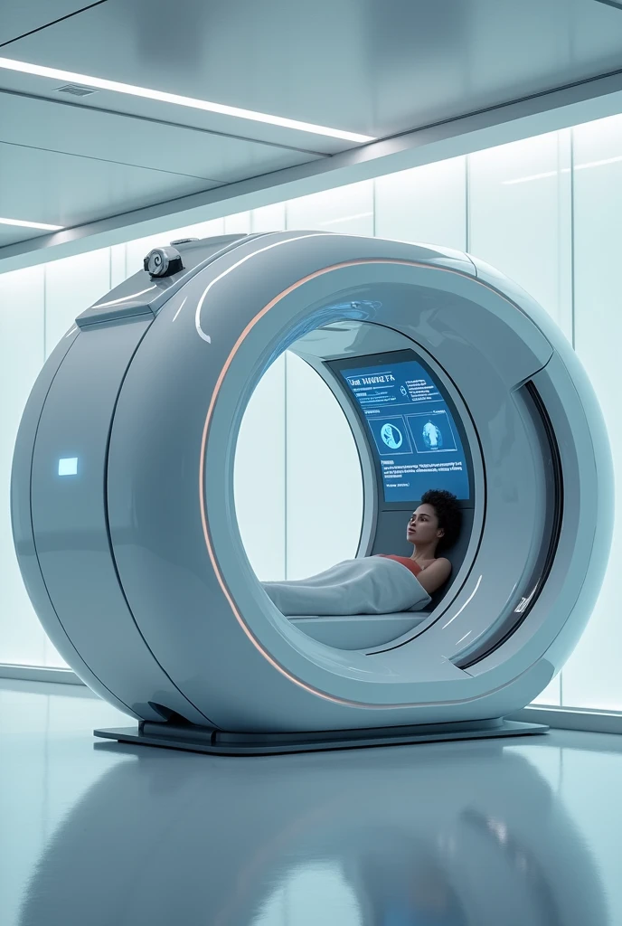 Advanced treatment system in space, sense of technology, patient lying on the treatment device, glass cover, metallic details are realistic, hyper-realistic, bright picture, large wide angle, high reality, light and dark