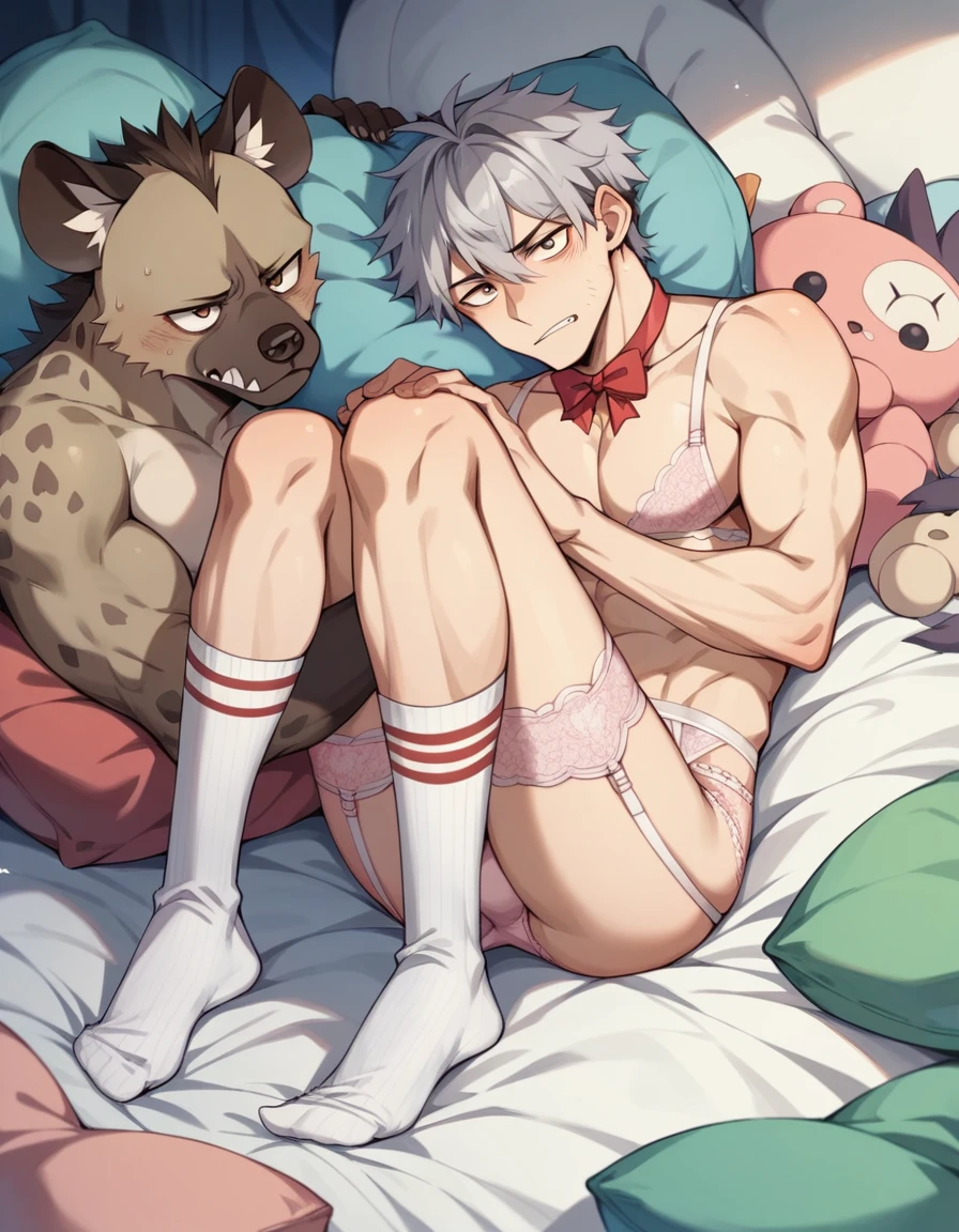 One person、(((Male hyena wearing light pink lace underwear)))、(middle aged)、Stubble、Grey Hair、masterpiece、Highest quality、Lace fabric bra、Lace knee-high socks、garter belt、Fairy tale、ribbon、stuffed toy、Panic face