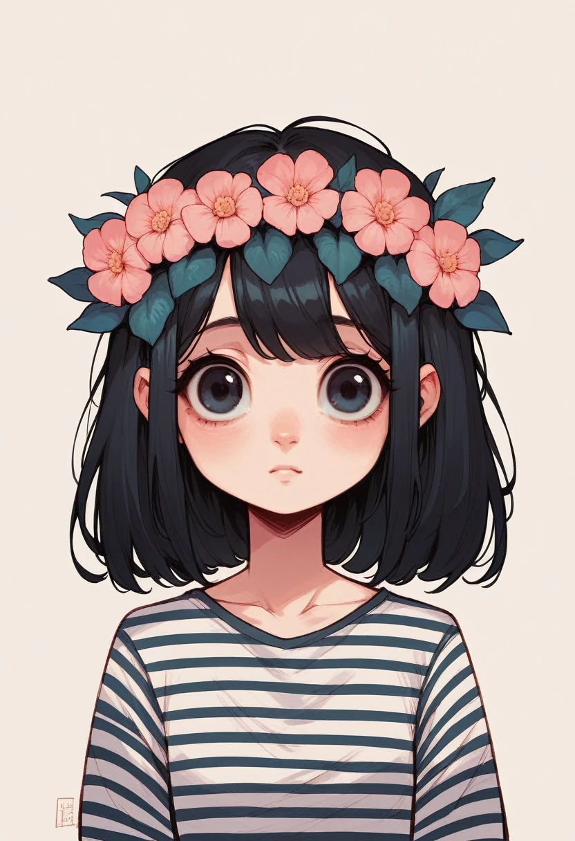 girl, cartoon, illustration, portrait, black hair, flower crown, striped shirt, big eyes, cute