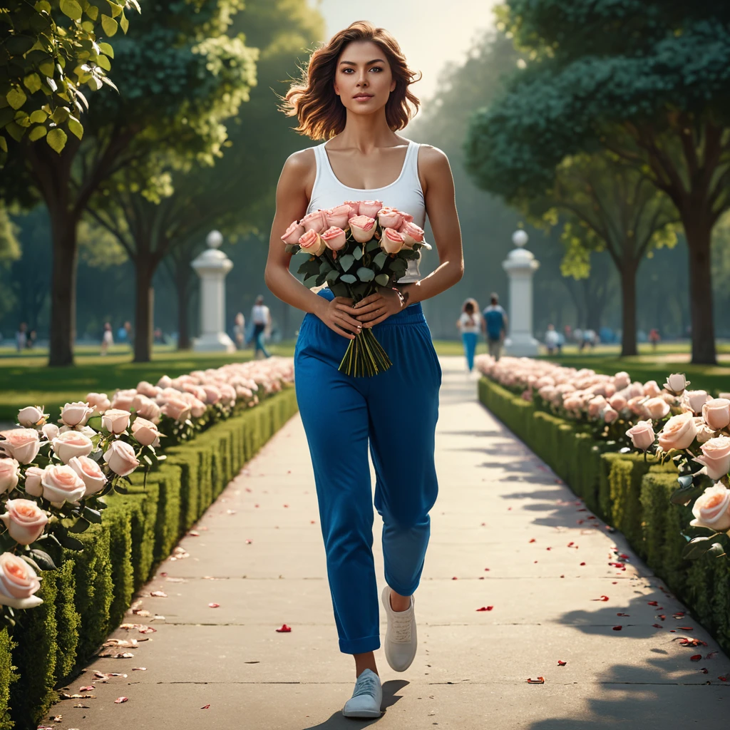 hyperrealistic 4k photography, a woman walking towards the camera in front of her carrying a bouquet of roses, wearing blue pants and a white tank top in a park, realistic full plane art, symmetrical, Greg Rutkowski, Charlie Bowater, Beeple, Unreal 5, hyperrealistic, dynamic lighting.