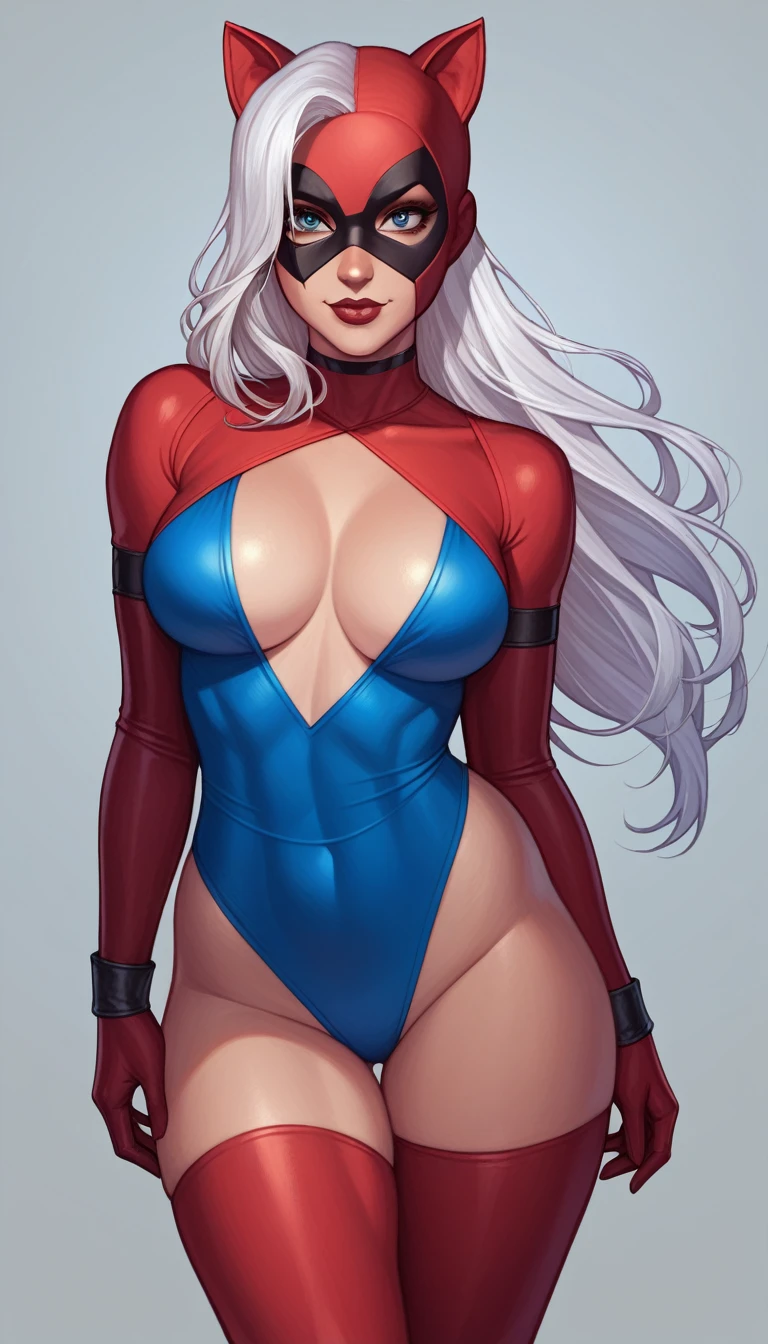 (high quality, 8k, 4K, high contrast, artwork:1.2, high quality, best aesthetics), (centered), ((1 woman)), erotic, sensual, mature body, grown woman, super detailed, beautiful face detailed, beautiful eyes detailed, detailed beautiful mouth, (white long hair), (messy long white hair), (white cat ears), (blue cat eyes), (relaxed expression), (piercing gaze), (looking at viewer), (standing), (straight body posture), (woman's front angle), (female version Deadpool hero costume without the mask)