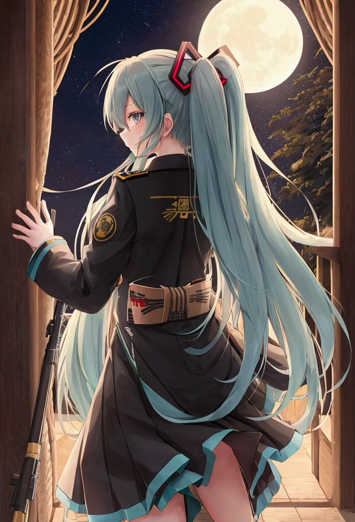Hatsune miku, holding AK-47, imperial japan uniform, rising sun badge, ultra detailed, best quality, cat tail, from behind, round booty