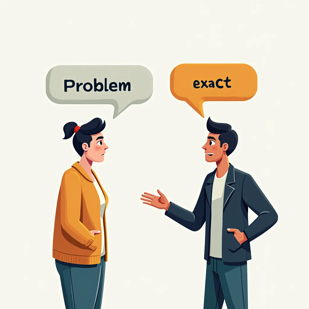 Create a 2D illustration depicting a conversation between a salesperson and a customer. The customer is on the left side of the image, looking worried, with a speech bubble that visually represents a problem they are facing. The salesperson, positioned on the right side of the image, has a confident posture and a speech bubble that visually represents the exact solution to the customer's problem. The style should be non-realistic, with no words included in the image. The concept should clearly convey that the salesperson is providing exactly what the customer needs at that moment.