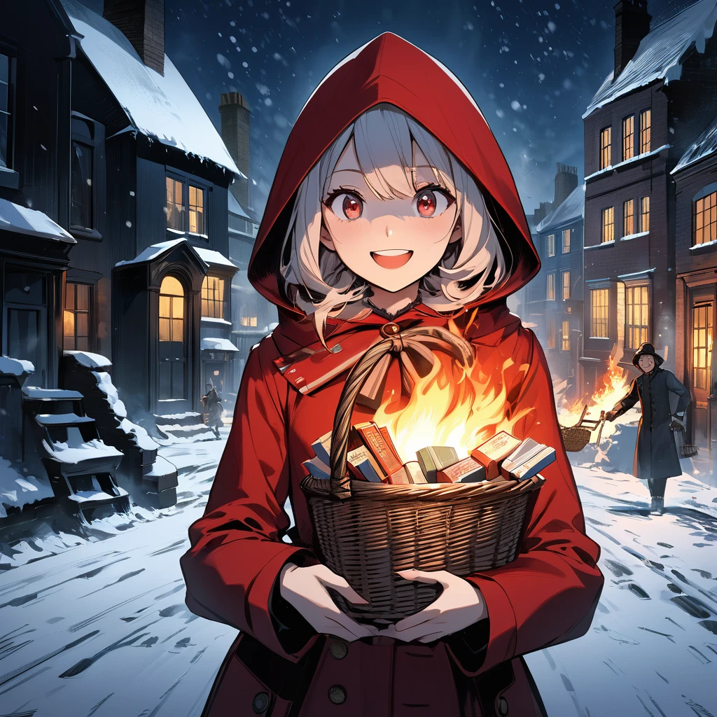 Boldly brushed anime style illustration, midwinter night, crazy fun, cinematic lighting, 19th century London, snowy night, burning house, one girl, front view, the little match girl laughing cruelly, she wears a red coat with a hood and holds a basket of matchboxes under her arm. Front view