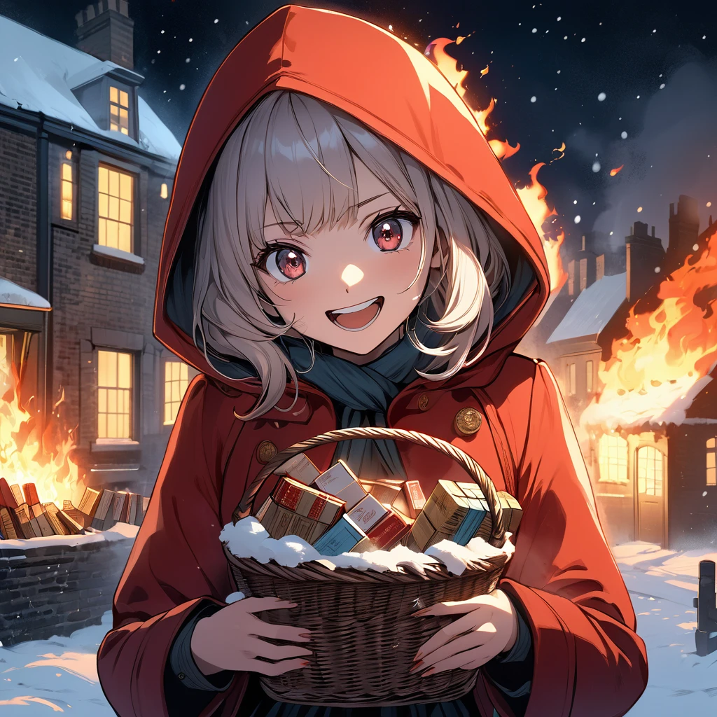 Boldly brushed anime style illustration, midwinter night, crazy fun, cinematic lighting, 19th century London, snowy night, burning house, one girl, front view, the  match girl laughing cruelly, she wears a red coat with a hood and holds a basket of matchboxes under her arm. Front view