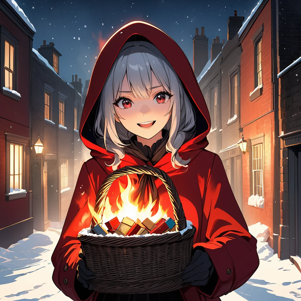 Boldly brushed anime style illustration, midwinter night, crazy fun, cinematic lighting, 19th century London, snowy night, burning house, one girl, front view, the little match girl laughing cruelly, she wears a red coat with a hood and holds a basket of matchboxes under her arm. Front view