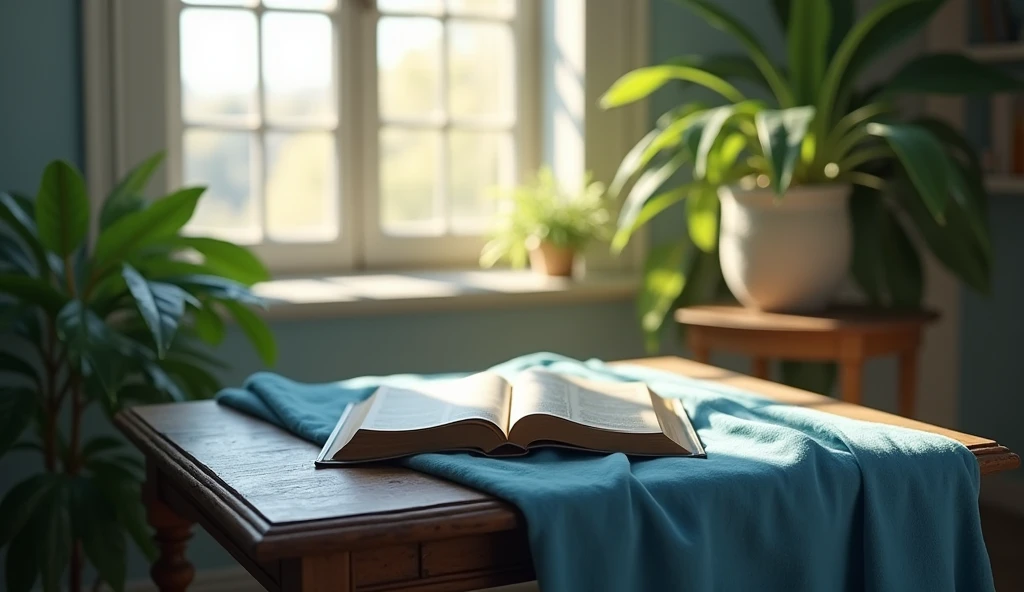 An antique table covered by a blue blanket, with an open Bible in the center. Ao fundo, a window with soft light coming in and plants in the foreground. The composition conveys a feeling of reflection and wisdom.