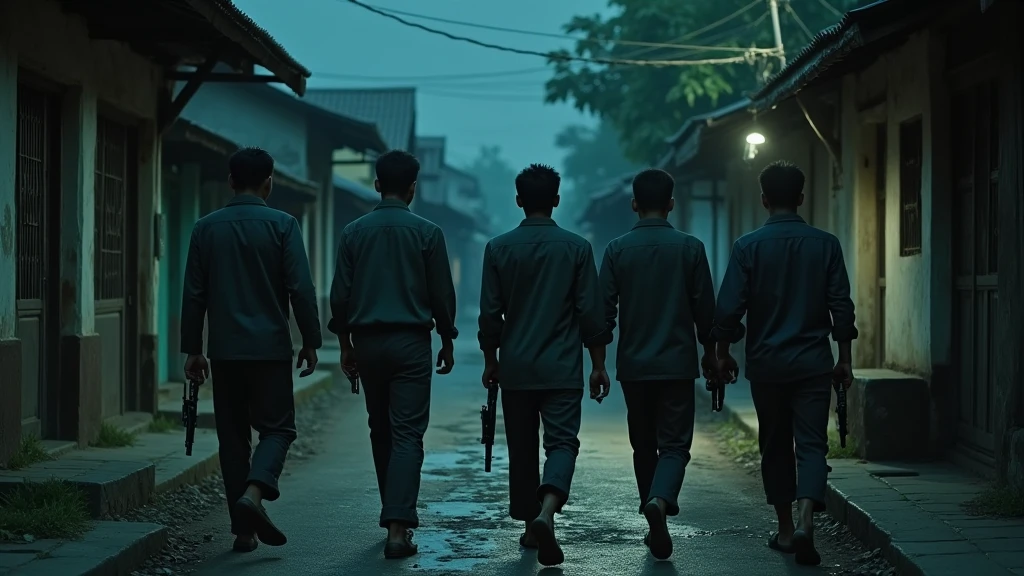 5 Cambodian men walking in the old village and on their hands his holding guns at night camera caught from above 8k  