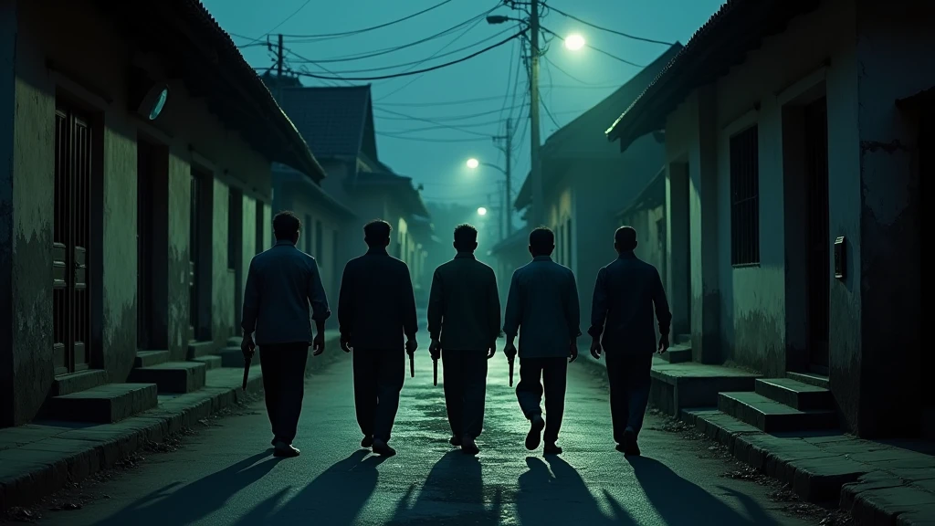 5 Cambodian men walking in the old village and on their hands his holding guns at night camera caught from above 8k