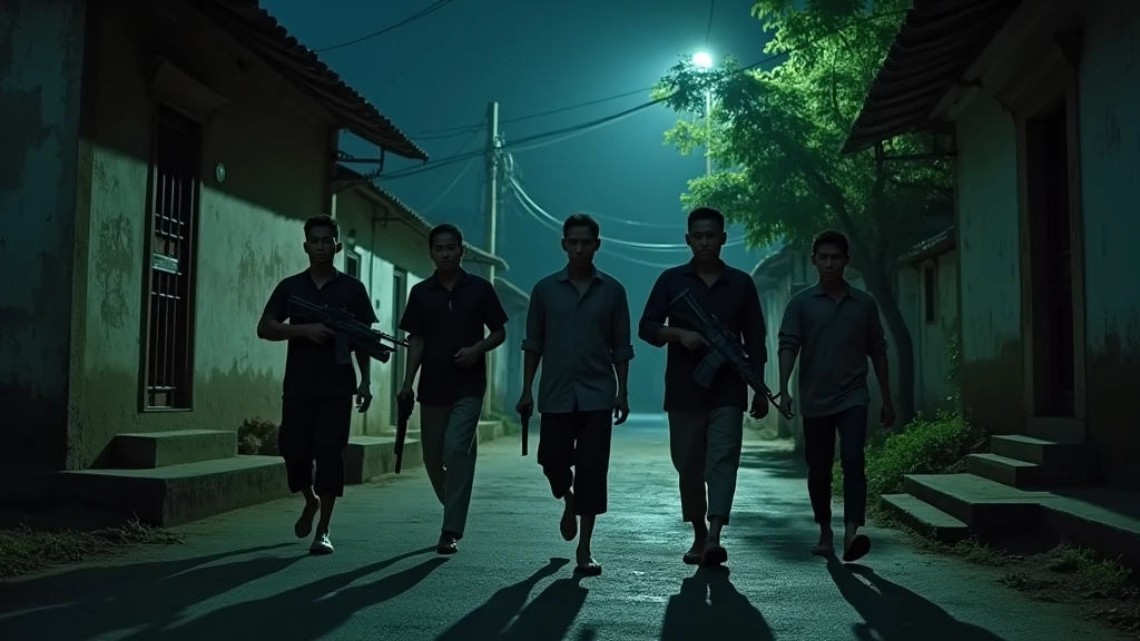 5 Cambodian men walking in the old village and on their hands his holding guns at night camera caught from above 8k  