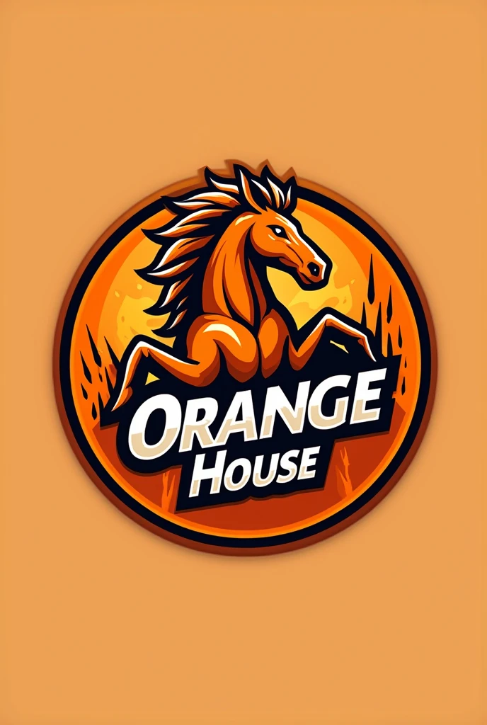 Create a shield for a team, must be circular, The orange color should predominate. A horse has to come out and say "orange house" in the logo. More lively and that "orange house" This inside the circle. I like it but it should be like the previous one but the lyrics should say, orange house.