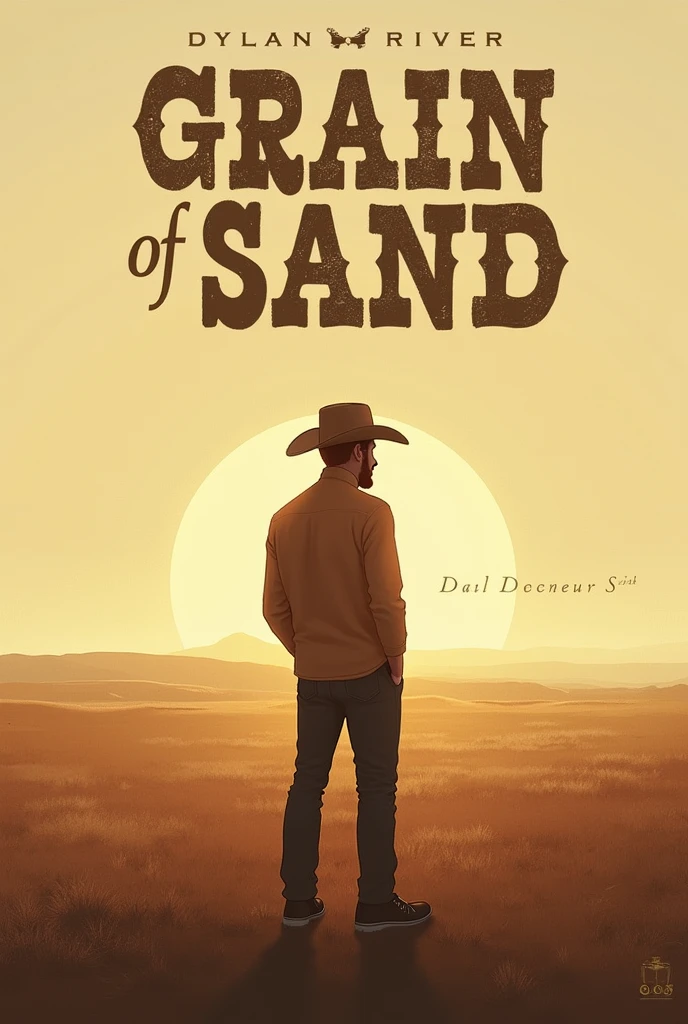 Cover for the song "Grain of Sand" de Dylan Rivers, redhead folk artist with defined body, with short beard and cowboy hat. The image shows a vast horizon and a setting sun. The rustic-style title font and soft lettering complement the song&#39;s intimate aura.. Dylan Rivers in the background, contemplating the horizon. The earthy and golden color palette conveys the simplicity and beauty of nature.