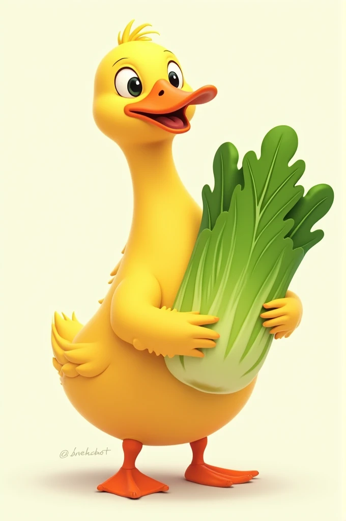 A duck with a lettuce in its hand 