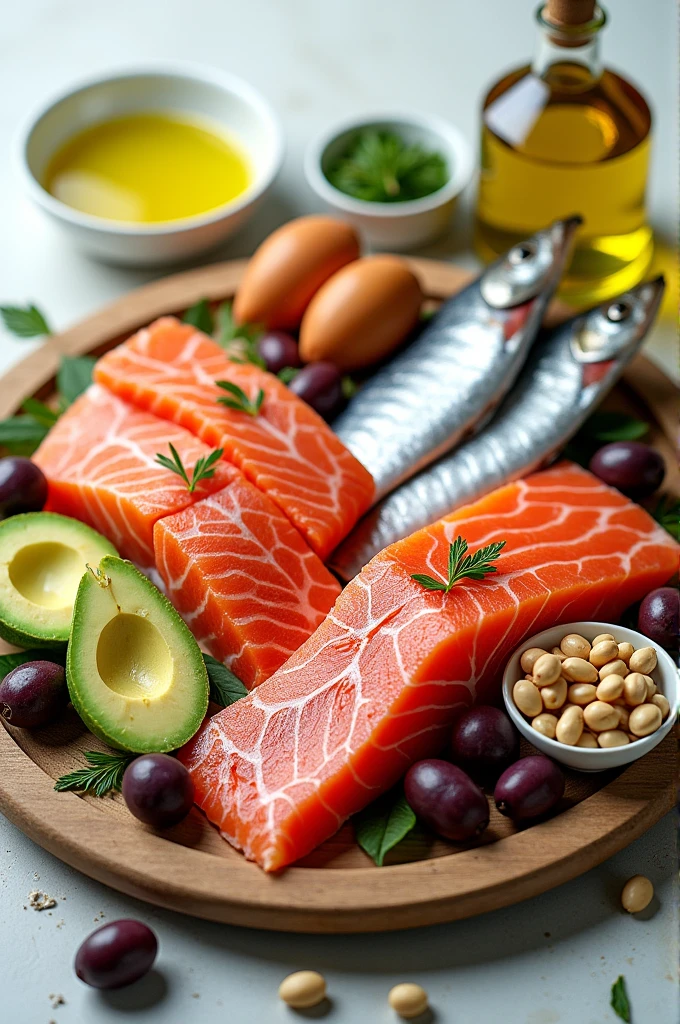 Generate me an image with all the foods that I will mention to you:
salmon, sardines, tuna.
olive, canola, Sunflower, corn and soybeans.
Avocado and olives.
N Almonds, peanuts, pinions.