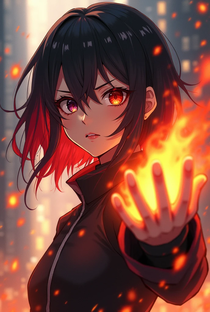 (masterpiece, highest quality, highest quality, (No text), Beautiful and aesthetic:1.2),No text,アニメ、 high resolution BREAK,One Girl,Short black hair Tree Eyes Beautiful eyes Red eyes Beautiful girl cool smile Black Coat mini skirt Whole body Night view Detailed eyes and face