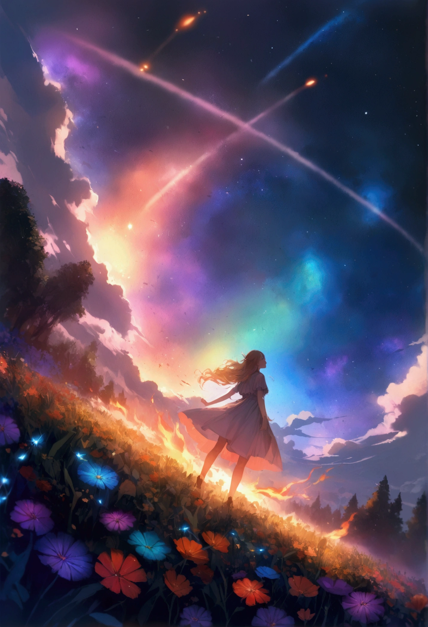vast landscape photography, (seen from below, the sky is above、the fields are below), A girl with wings standing in a flower field and looking up, (full moon: 1.2), (meteor: 0.9), (nebula: 1.3), distant mountain々 , tree BREAK craft art, (warm light: 1.2), (fire Fly: 1.2), light, lots of purple and orange, intricate details, volume lighting, Realism BREAK (masterpiece: 1.2), (highest quality), 4k, super detailed, (dynamic composition: 1.4), very detailed, colorful details, (Rainbow-colored: 1.2), (glow lighting, atmosphere lighting), dream-like, Magic, (alone: 1.2)