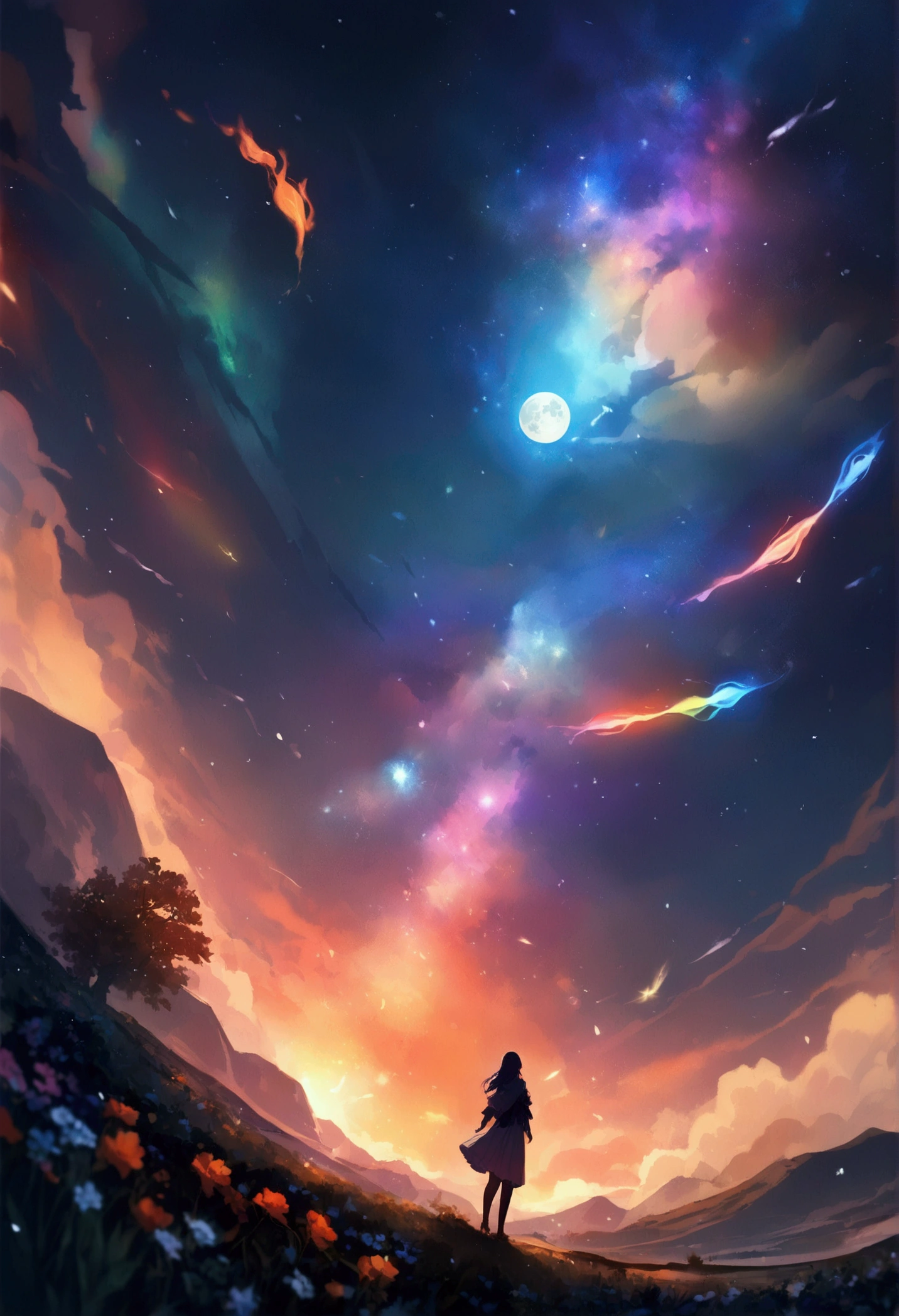 vast landscape photography, (seen from below, the sky is above、the fields are below), A girl with wings standing in a flower field and looking up, (full moon: 1.2), (meteor: 0.9), (nebula: 1.3), distant mountain々 , tree BREAK craft art, (warm light: 1.2), (fire Fly: 1.2), light, lots of purple and orange, intricate details, volume lighting, Realism BREAK (masterpiece: 1.2), (highest quality), 4k, super detailed, (dynamic composition: 1.4), very detailed, colorful details, (Rainbow-colored: 1.2), (glow lighting, atmosphere lighting), dream-like, Magic, (alone: 1.2)