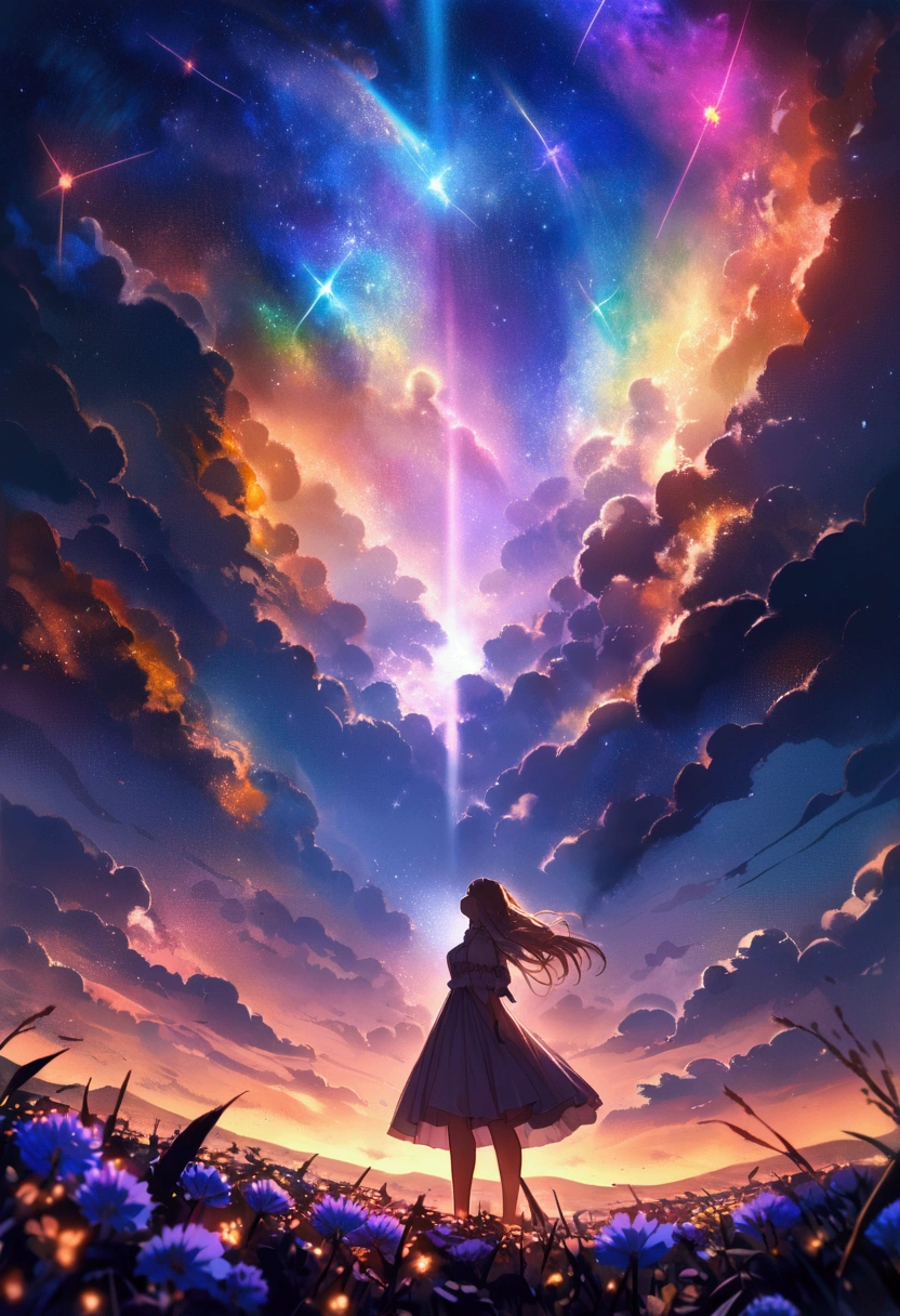 vast landscape photography, (seen from below, the sky is above、the fields are below), A girl with wings standing in a flower field and looking up, (full moon: 1.2), (meteor: 0.9), (nebula: 1.3), distant mountain々 , tree BREAK craft art, (warm light: 1.2), (fire Fly: 1.2), light, lots of purple and orange, intricate details, volume lighting, Realism BREAK (masterpiece: 1.2), (highest quality), 4k, super detailed, (dynamic composition: 1.4), very detailed, colorful details, (Rainbow-colored: 1.2), (glow lighting, atmosphere lighting), dream-like, Magic, (alone: 1.2)