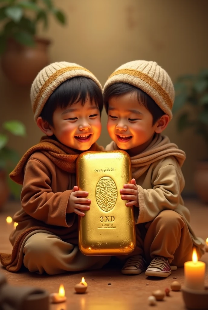 Muslim cute kids hold islamic 1kg goldbar with happy face